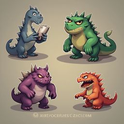 Four stylized monsters, each with unique colors and poses, are arranged in a 2x2 grid against a light brown backdrop.