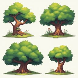 Four stylized trees with green canopies and brown trunks are arranged in a square, each with small red flowers and patches of grass.