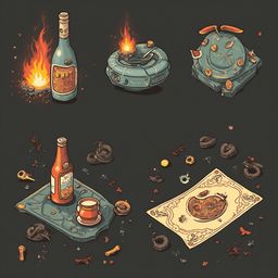Four unique objects, including a bottle of beer, fire, ashtray, and plate with food, are arranged against a dark background.
