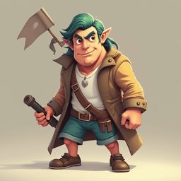 A friendly-looking elf-like creature, dressed in a tan coat, blue shorts, and brown shoes, holds a flag and cane against a plain gray backdrop.