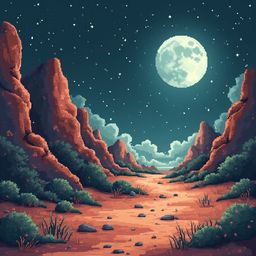 A full moon illuminates a desert landscape at night, casting a warm glow on red rock formations and green shrubs.