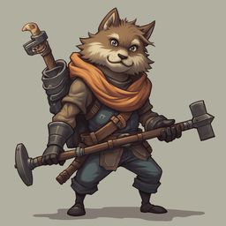 A furry humanoid character with orange scarf, green shirt, and blue pants holds a large hammer and staff, exuding confidence and preparedness.