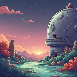 A futuristic dome-shaped building stands on a rocky outcropping, surrounded by greenery, overlooking a serene river and sunset-lit mountains.