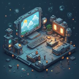 A futuristic workspace features a computer monitor, keyboard, printer, plant, and robot, set against a dark blue backdrop with orange and yellow accents.