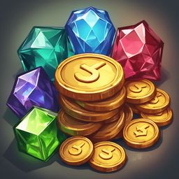 Gold coins and gemstones with dollar signs are arranged on a dark gray background.