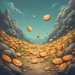 Golden coins scatter across a verdant landscape, contrasting with green shrubs and towering mountains.
