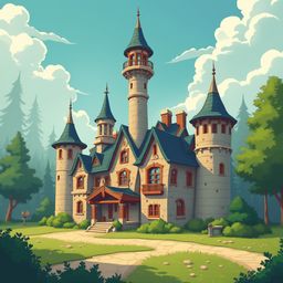 A grand, castle-like structure with blue roofs, orange accents, and turrets stands in a verdant landscape, surrounded by trees and shrubs.