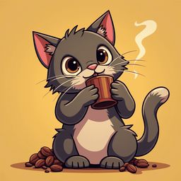 A gray cat with pink ears and tail drinks from a brown mug, surrounded by scattered coffee beans.