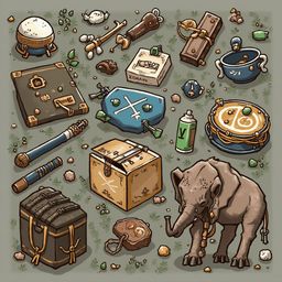 A gray elephant holds a gold chain amidst a collection of objects, including boxes, bottles, musical instruments, and tools, in a lush green setting.