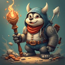 A gray-furred, horned creature with a blue hood and orange belt holds a flaming staff and a quiver of arrows, standing on a rocky terrain.