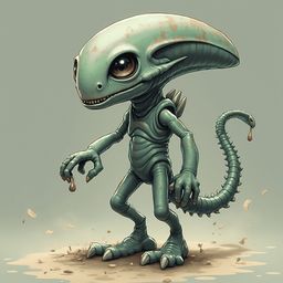 A green alien-like creature with orange eyes, sharp teeth, and spikes stands on a rocky surface, holding a small red object in its left hand.