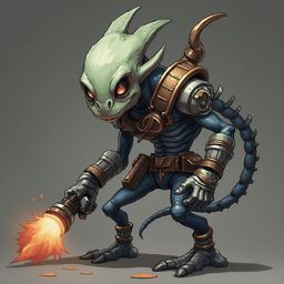 A green alien-like creature with red eyes, gold accents, and a blue and silver suit holds a lit torch, surrounded by orange sparks.