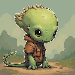 A green alien-like creature with spiky scales, orange eyes, and a brown jacket sits on a dirt path amidst trees and clouds.