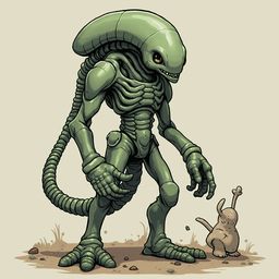 A green alien with red eyes and a curly tail stands on dirt, accompanied by a small brown creature with raised arms.