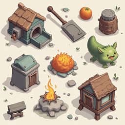 A green creature, orange fire, shovel, dog house, grill, table, and rock are arranged on a beige background.