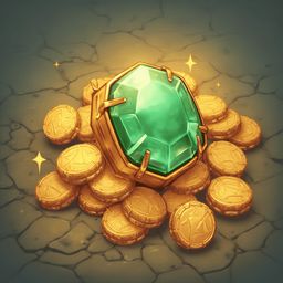 A green gemstone with gold accents sits on a pile of gold coins, illuminated by small gold starbursts against a dark, cracked ground.
