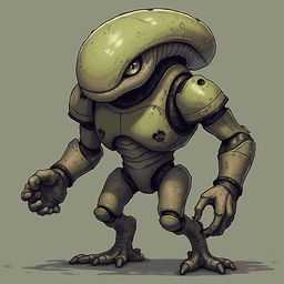 A greenish-yellow robot with a round head, orange eye, and clawed feet stands confidently against a muted gray background.