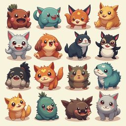 A grid of 12 cartoon animals, each unique in color and pose, creates a lively scene.