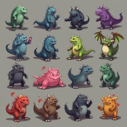 A grid of 12 cartoon dinosaurs in various colors and poses, displaying diverse expressions and actions.