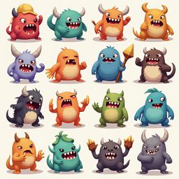 A grid of 12 cartoon monsters in various colors and poses, displaying diverse expressions and weapons.