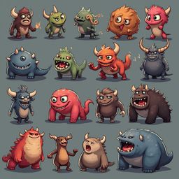 A grid of 12 cartoon monsters in various colors and poses, displaying diverse expressions and features.