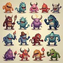 A grid of 12 cartoon monsters in various colors and poses, displaying diverse expressions and weapons.