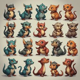 A grid of 12 cartoon rodents in various colors and poses, wearing collars and bells, creates a playful and engaging scene.