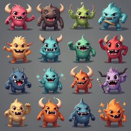 A grid of 12 colorful, cartoonish monsters with horns and varying expressions, arranged in four rows and three columns.