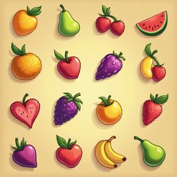 A grid of 12 colorful fruits, including oranges, pears, cherries, watermelon, apples, grapes, strawberries, bananas, and pears, is arranged against a light yellow backdrop.