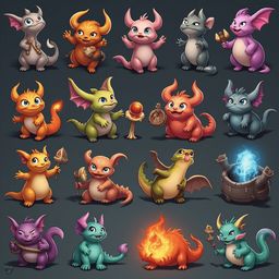 A grid of 12 stylized, colorful creatures with horns, wings, and flames, arranged in four rows and six columns.