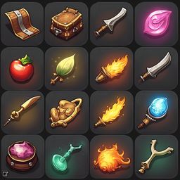 A grid of 12 unique game items, including a chest, sword, potion jar, orb, flame, orb, orb, orb, orb, orb, orb, orb, and orb, arranged in four rows and three columns.