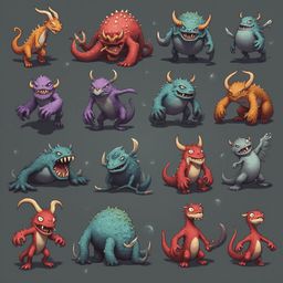 A grid of 12 unique monsters, varying in color, size, and features, stands against a uniform gray background.