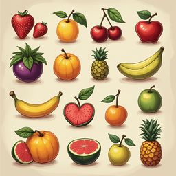 A grid of 12 vibrant fruit illustrations, including strawberries, cherries, apples, bananas, pineapple, oranges, peaches, and pineapples.