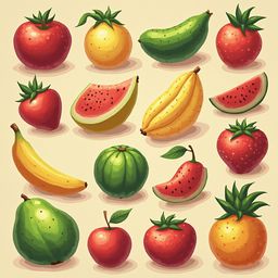 A grid of 15 colorful fruits, including tomatoes, oranges, cucumbers, strawberries, watermelons, bananas, apples, pears, and oranges, is arranged against a light yellow backdrop.