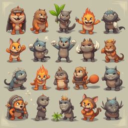 A grid of 16 cartoon animals, each unique in appearance and pose, stands against a light brown backdrop.