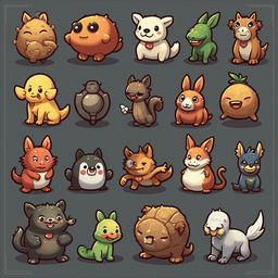 A grid of 16 cartoon animals, varying in size and color, appears friendly and inviting.