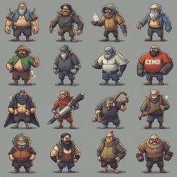 A grid of 16 cartoon characters, each with unique attire and accessories, stands against a uniform gray background.