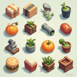 A grid of 16 isometric illustrations features various objects and plants in diverse containers and settings.