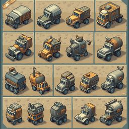 A grid of 16 isometric illustrations showcases various types of vehicles, including trucks, buses, trains, and ships, in diverse settings and colors.
