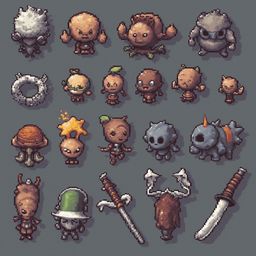 A grid of 16 pixel art creatures, varying in size and color, faces different directions against a gray background.