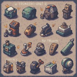 A grid of 16 pixel art machines, labeled with Japanese text, includes containers, vehicles, robots, and industrial equipment.