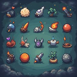 A grid of 16 pixel art objects includes bombs, fire, plants, and rockets, set against a dark green background with scattered gold stars.