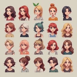 A grid of 16 stylized female faces in various hairstyles and outfits, rendered in a digital illustration style.