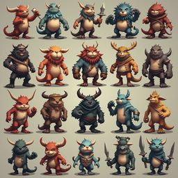 A grid of 16 stylized, horned creatures in various colors and poses, holding objects like swords, stands, and bottles.