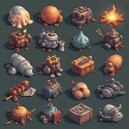A grid of 16 unique isometric illustrations showcases a diverse range of objects and creatures, including sea creatures, futuristic vehicles, and abstract shapes.