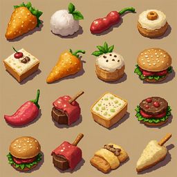 A grid of 16 unique, pixelated food items includes a carrot, bell pepper, cake, ice cream, sandwich, and dessert.