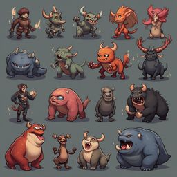A grid of 16 whimsical cartoon creatures, each unique in appearance and pose, stands against a dark gray background.