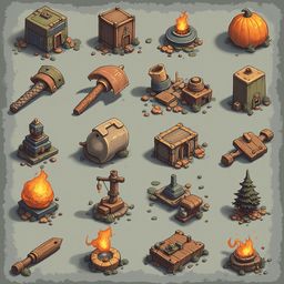 A grid of 16 whimsical, handcrafted objects features a diverse range of colors, shapes, and functions, including houses, fires, tools, and animals.