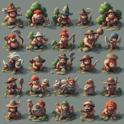 A grid of 24 cartoon characters, each unique in appearance and attire, stands on natural ground amidst trees and rocks.