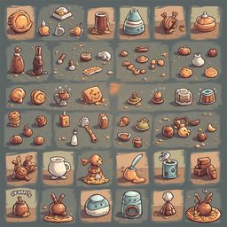 A grid of 24 cartoon illustrations features various objects and characters in warm colors, ranging from kitchen items to animal figurines.